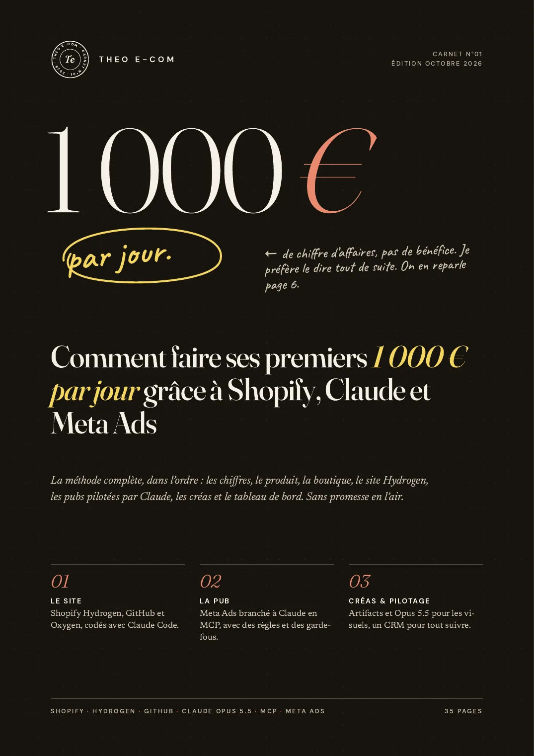Couverture du Carnet N°01 de Theo E-com : 1 000 € par jour